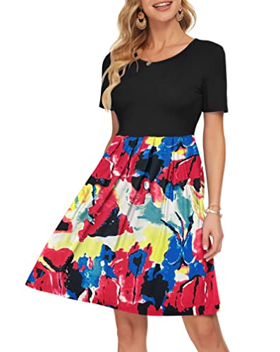 Image of AUSELILY Women's Short Sleeve Pleated Swing Summer Dress with Pockets | Knee-length short sleeve dress, empire waist & pockets, ideal for casual daily wear and vacation