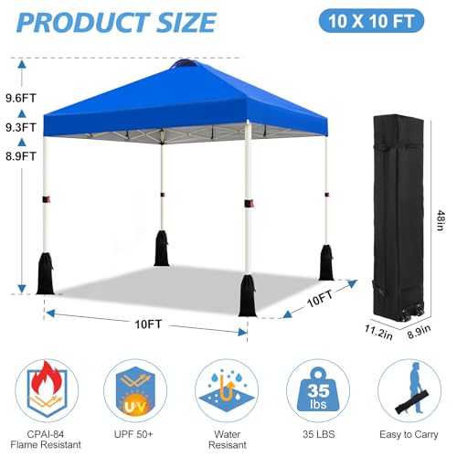 WEIZE 10x10 Pop Up Canopy Tent, 1-Button Push Setup Canopy Tent, Adjustable Height Instant Portable Shelter, Portable Roller Bag, Easy Outdoor Sun Shade for Events, 4 Weight Bags, Blue - Image 5