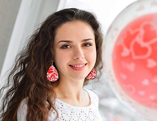 Valentine's Day Leather Earrings For Women Lightweight Faux Leather Teardrop Dangle Earrings Heart-Shaped Print Drop Earrings Set Valentine Day Gift For Her Wife Mom Girlfriend (2) #TOP2
