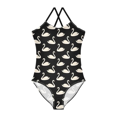ALAZA White Swan Black Girls One Piece Swimsuit Swimwear Beach Sport Bathing Suit