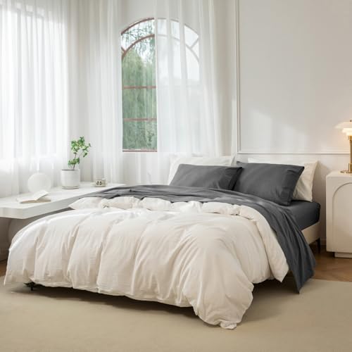 JIYUAN Twin Washed Cotton Sheet Set, 3-Piece, Relaxed Linen Feel - image 2