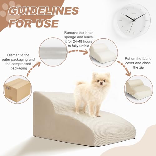 Ezvsevuo Hundetreppe für Kleine Hunde, 2 Stufen Haustiertreppe für Couch aus Hochdichtem Schwamm, Hunderampe aus Schwamm für Sofa Bett, Hunde Treppen mit Abnehmbarer Bezug, Senden Fusselrolle, Beige