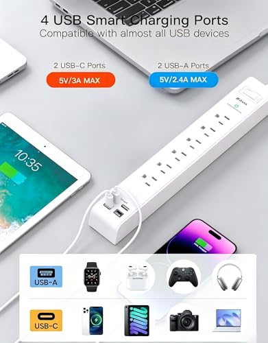 Image of 2 Pack Power Strip, Extension Cord 15FT, Surge Protector with 6 Outlets and 4 USB Ports (2 USB C), Flat Plug Overload Protection, Extension Cord with Multiple Outlets, Wall Mount for Home Dorm College