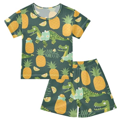 ALAZA Crocodile Pineapple Palm Leaves Pajamas Short Sleeve 2 Piece Sleepwear Top and Bottom Pajama Set Unisex