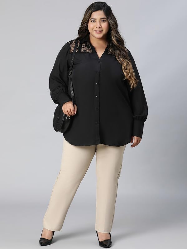 Image of oxolloxo Women Plus Size lace Detailed Collared Long Sleeve Shirt
