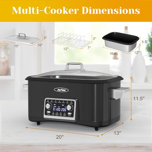 Image of Sunvivi 8 Quart Slow Cooker Roaster Oven, 12 in 1 Programmable Multi-Cooker Food Warmer with Digital Timer, Temp Control, Removable Cast Aluminum Pot & Dishwasher-Safe Tempered Glass Lid, Black