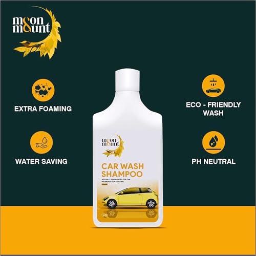 Image of Moon & Mount Car Wash Shampoo 1L | Lemon | pH 7.0 | Ceramic & PPF Safe 90%+ foam in hard water. 4-min panel cling. 160+ washes at 30ml. Foam cannon & bucket. Matte safe. Bike & SUV compatible.