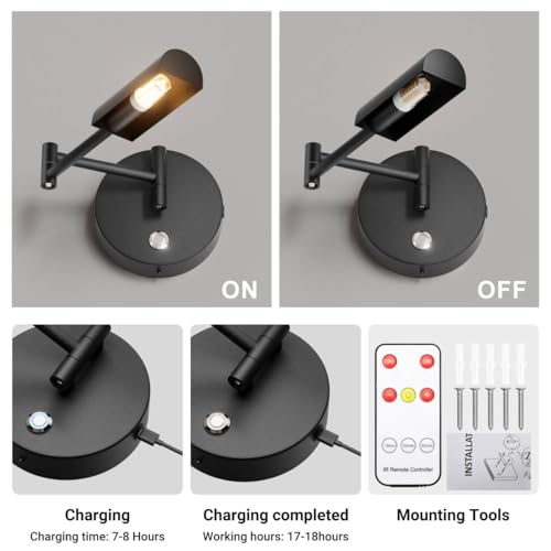 Lámpara de pared con batería sin cable Klighten 4W regulable con puerto USB-C para interiores 7