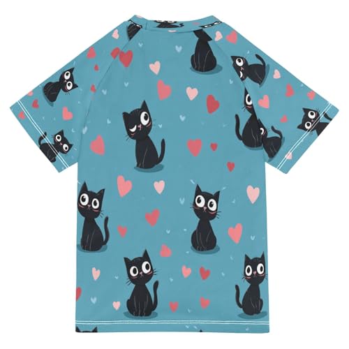 Boys Short Sleeve T-Shirts Cartoon Cat Heart Rashguard Kids Swim Shirts Sun UPF 50+2
