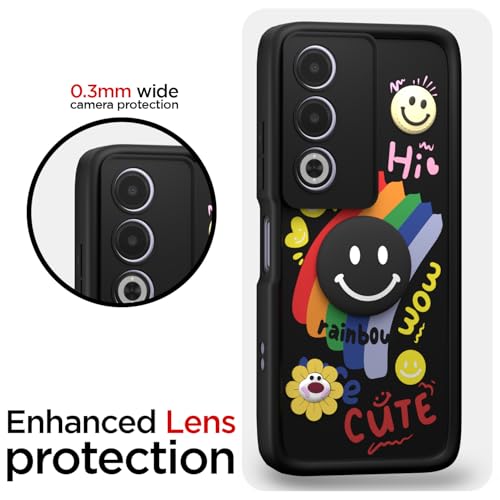 Image of Pikkme Back Cover for Oppo A3 Pro 5G | Soft Silicone| Cute Rainbow Smile & 3D Cartoon Flower Design | Shockproof Raised Camera Protection Bumper Case (Black)