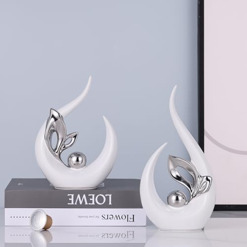 9.4" H White Silver Abstract Sculptures Home Decor, Ceramic Art Statue Cool Stuff to Put on Shelves&tv Stand Decor, Silver Accent Entertainment Center, for Fireplace Coffee Table Dining Table Decorate - Image 4
