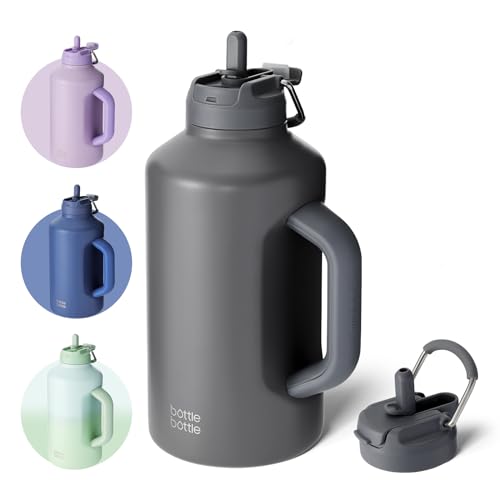 BOTTLE BOTTLE Insulated Water Bottle 64 oz with Straw and Dual-use Lid Stainless Steel Water Bottle for Men with Handle Vacuum Insulated Beer Growler for Workout Sports Soccer gray