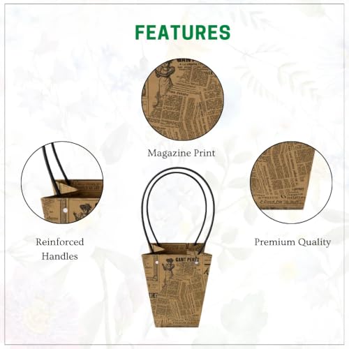 Image of Oasis Pack of 10 Conical Magazine Print Flower Hamper Bags | Premium Floral Packaging Bags for Rakhi Gift Hampers, Flower Bouquets, Wedding, Return Gifts, Decorative Presentation & Florist Supplies | 17 x 11.5 x 20 cm