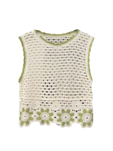 SweatyRocks Women's Floral Hollow Out Crew Neck Sweater Vest Sleeveless Tank Tops Knitwear