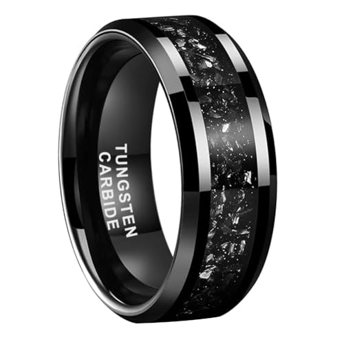 TUTISS 8mm Black Tungsten Rings for Men Women Meteorite Shavings Inlay Promise Engagement Wedding Bands Beveled Edges Polished Shiny Comfort Fit Size 10