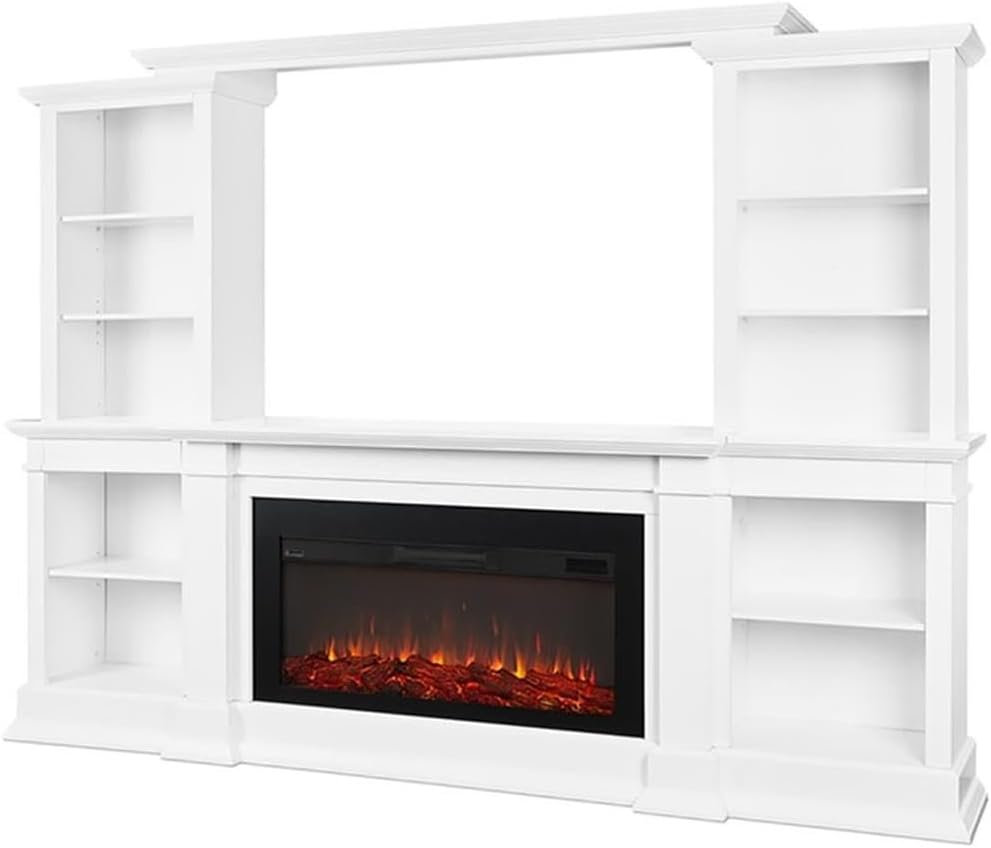 BOWERY HILL Contemporary Electric Fireplace Entertainment Center, 77" H x 107.63" W x 17.75" D, Solid Wood and MDF, White Finish, Multicolor Flames, Adjustable Thermostat, Storage for TVs Up to 60