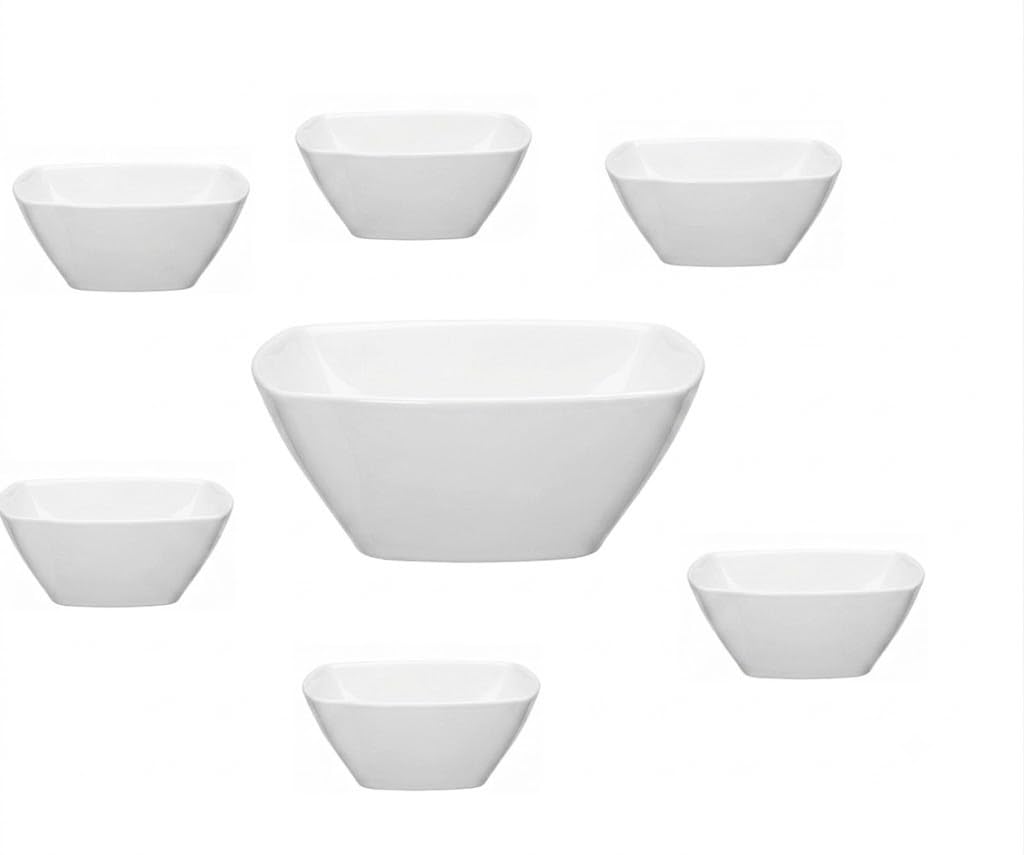 Set macedonia insalate 7 Pezzi Eclissi bianco con Insalatiera Grande 22cm e 6 Coppette 14cm in Vetro Opale Resistenti Forma ciotole Quadrata Impilabili Lavastoviglie e Microonde