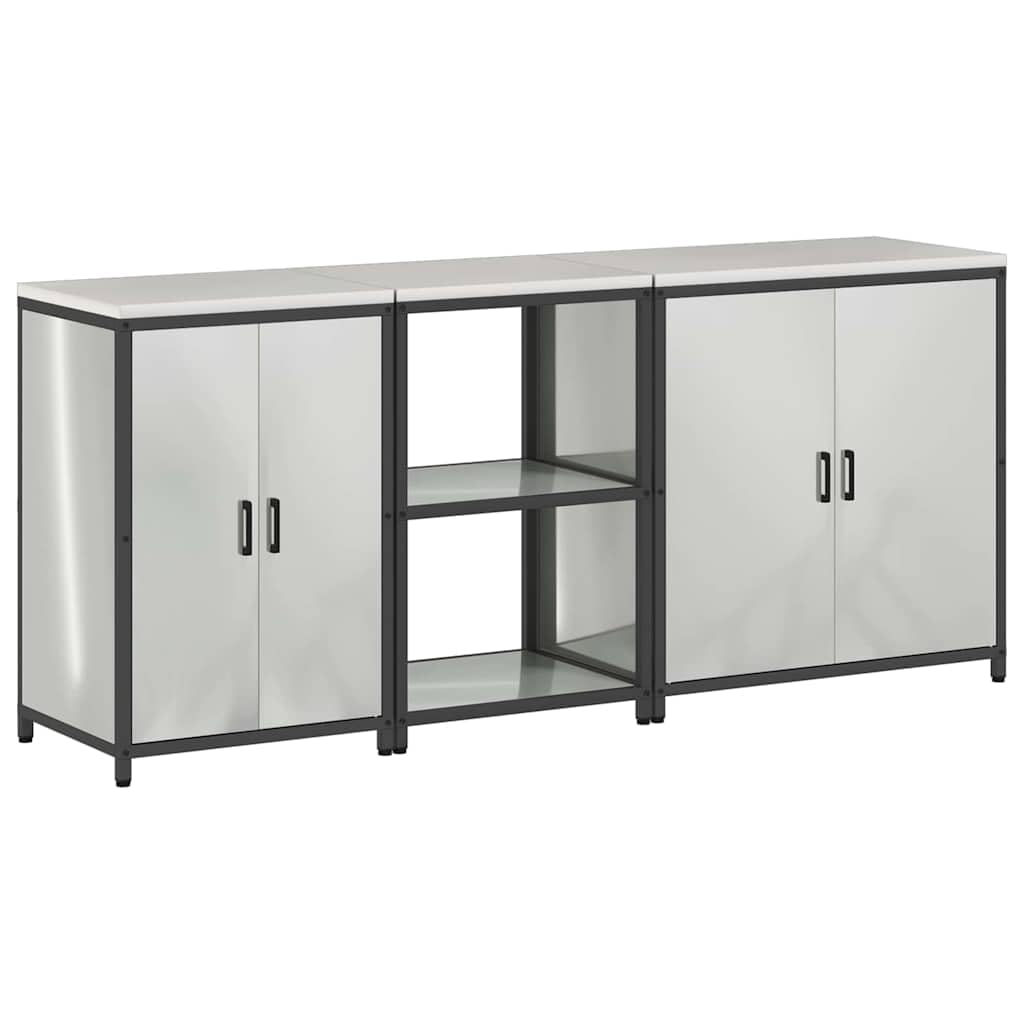 Set di 3 mobili da cucina in acciaio zincato argento, 210 x 50 x 92 cm, mobile da cucina industriale con 4 ante e 6 ripiani, robusta credenza per cucine e dispense
