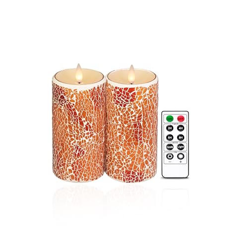 Image of Glass Flameless Pillar Candles Flickering with Remote Timer, Battery Operated LED 3D Moving Flame Real Wax Candles,Remote Included (Crimson Orange Cracked Glass)