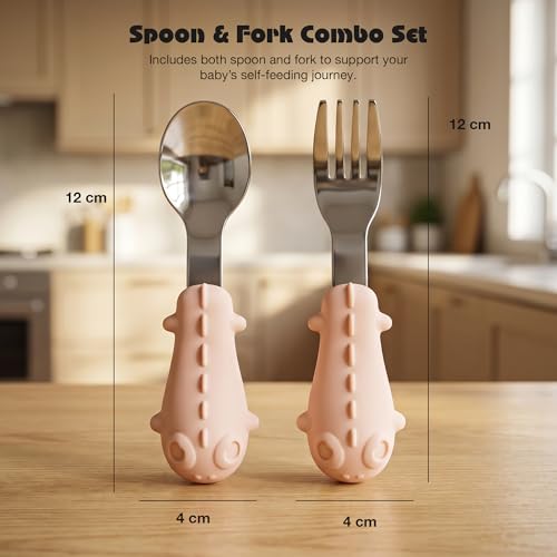 Image of Baybee Stainless Steel Baby Feeding Spoons Set of 2 | Bpa Free- Food Grade Self Feeding Training Utensil Spoon & Fork | Baby & Toddlers Gum Friendly Weaning Supplies for Kids 4 Months+ (Pink)