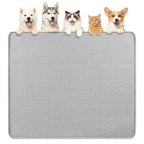Dog Food Mat, Extra Large 40" x 40" Silicone Pet Feeding Mat with Raised Edge Pet Placemat for Small, Medium, and Large Pets Non-Slip, Easy to Clean (Light Grey)
