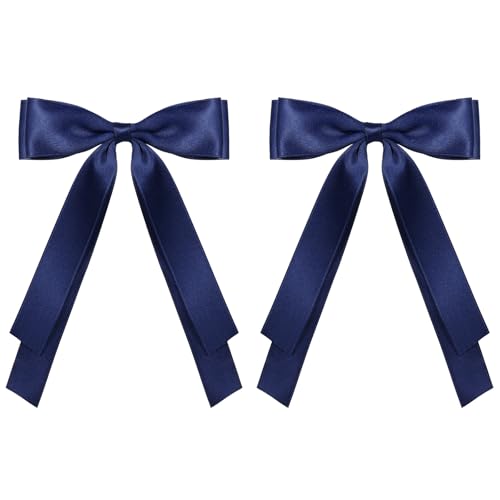 5.5in Navy Blue Big Hair Bows Clips for Women Solid Satin Ribbon Ponytail Hair Barrettes Alligator Hairpins with Long Tail Dress Decor Accessories for Toddler Teen Girls Kids