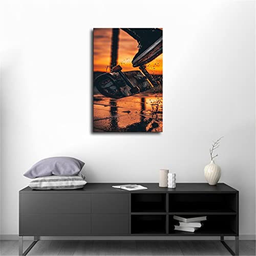 Sunset Skateboarding Decorative Painting Canvas Posters Modern Prints Paintings Canvas Wall Art For Home Kitchen Living Room Bedroom Decor (Framed,24X36Inch) #TOP2