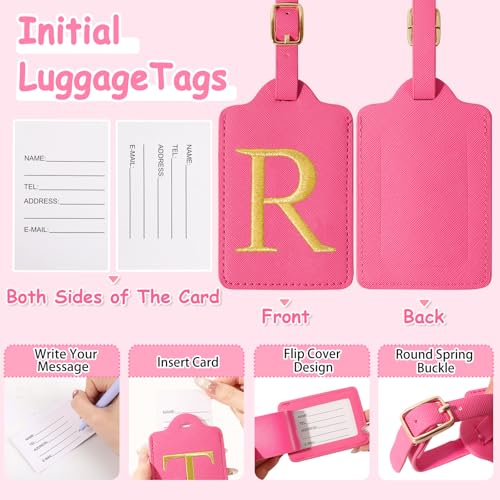 Image of Personalized Initial Luggage Tags for Suitcases, Cute PU Leather Embroidered Letter Travel Luggage Tags, Suitcase Identifier Name Baggage Tag, Bag Tags for Men Women Kids Luggage Handbags(Rosered R)