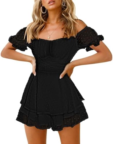 Fixmatti Women Boho Romper Off Shoulder Ruffle Chiffon Shorts Jum...