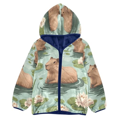 Swimming Capybara Pattern Toddler Fleece Jacket Girl Boys Hooded Fleece Jacket Coat Warm Outwear Zip-up 3-10T