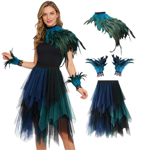 Pfau Kostüm Damen Faschingskostüm 3 Stück Blau Pfau Tüllrock Feder Cape Handschuhe FaschingskostüM Accessoires Damen Karneval Kostüme Pfaun Accessoires für Karneval Halloween (01 Blue One Size)