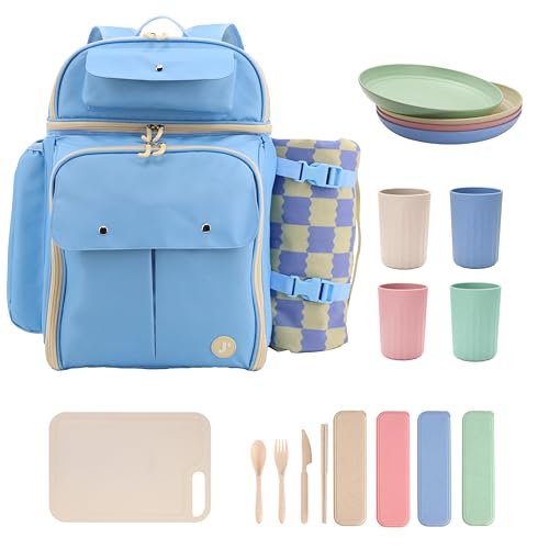 J World Picnic Backpack Cooler for 4. Insulated Picnic Basket Set with Folding Waterproof Blanket. Beach Camping Wedding Engagement Gift for Couples, Sky Blue by J World New York - Used condition - US$63.75