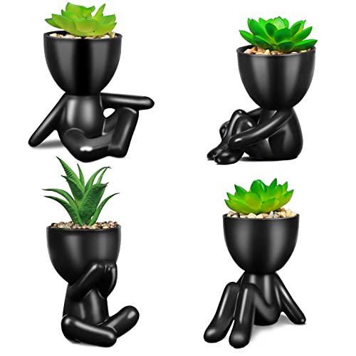 Semsoiio 4Pcs Fake Succulent, Mini Succulents Plants Artificial In Black Modern Human Shaped Ceramic Pots,Cute Faux Plant Desk Decor Desk Plant For Office Decor For Women, Fake Plants Bathroom Decor #TOP18