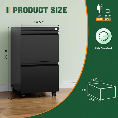 Image of Letaya Mobile File Cabinet with Lock,2 Drawer Under Desk Metal Rolling Filing Cabinets for Home Office Organizer Letters /Legal /A4(Fully Assembled-Black) (Pack of 2)