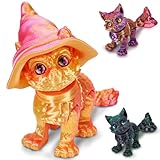 Aousin Gato impreso en 3D con sombrero de bruja – Animales impresos en 3D articulados flexibles, sombrero extraíble, perfecto para decoración de escritorio de Halloween o regalos (rosa)