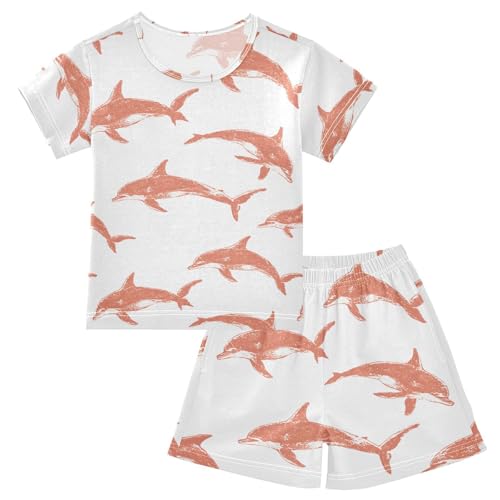 ALAZA Cute Dolphin Wartercolor Pajamas Set Short Sleeve Cotton Sleepwear Summer Pjs 2 Piece 5-14Y