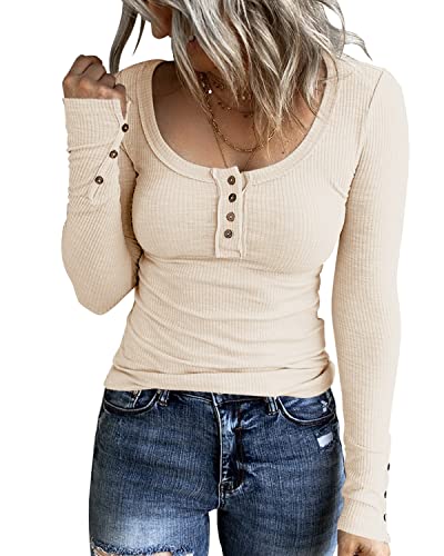 Image of KINLONSAIR Women Long Sleeve Henley Shirts Scoop Neck T-shirt Basic Tops