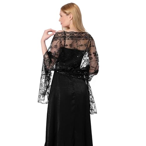 Greenery-GRE Womens Sheer Lace Shawl Evening Wrap Scarf Floral Mesh Sequined Cover Up for Formal Dress Wedding Party Prom2