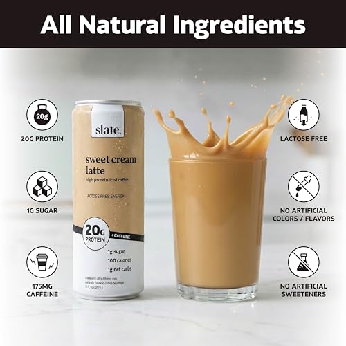 Image of Slate Milk - High Protein Iced Coffee - Sweet Cream Latte - 175mg Caffeine, Lactose Free Energy - 20g Protein, 1g Sugar, 100 Calories, 1g Net Carbs, No Sugar Added - Protein Coffee - 11 fl oz, 12 Cans