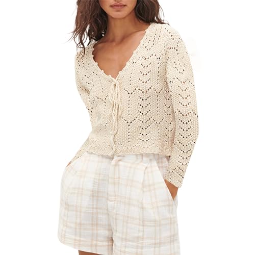 Image of KMBANGI Women Crochet Cardigan Lightweight Long Sleeve Button Down Knit Shirt Y2K Hollow Out Sweater Top(Beige,M), Medium