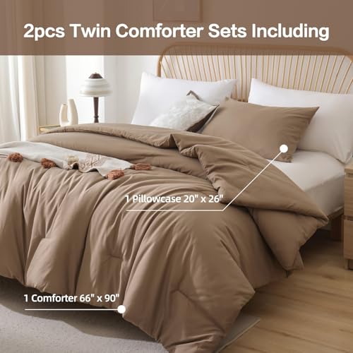 Image of ROSGONIA Twin Comforter for College Girls Boys Dark Khaki, 1 Twin XL Comforter & 1 Pillowcase, Lightweight Twin Bedding Sets Soft Kids Dorm Comforter