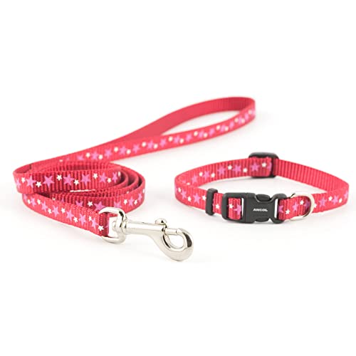 Ancol Small Bite Stars Collar (adjusts 20-30cm) & Lead (1m x 10mm) Set Red