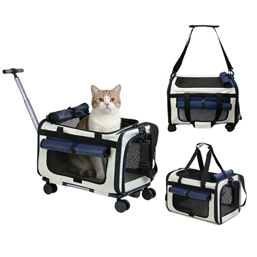 Expandable Pet Carrier with Wheels for Small Dogs and Cats Airline Approved Rolling Cat Carrier with Removable Platform 18X11X14 Foldable Soft-Sided Travel Bag Fits Under Seat Up to 16 lbs(Blue)