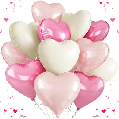 Pink White Heart Balloons 12 Pack Pink Cream Heart Shaped Foil Balloons 18Inch Pink Helium Balloon for Baby Shower Wedding Engagement Anniversary Bridal & Romantic Party Decorations