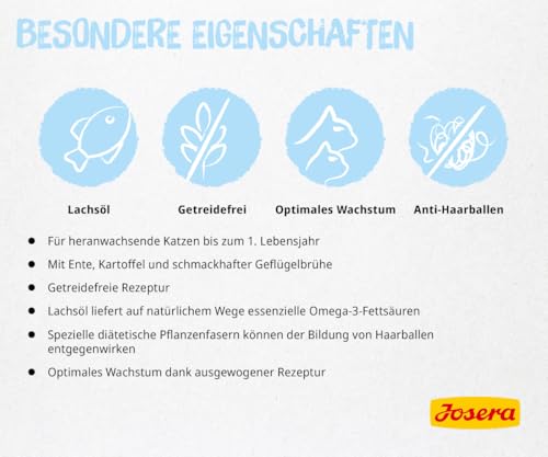JOSERA Nassfutter Kitten Duck (12 x 85 g) | Kitten | Premium Katzenfutter nass für wachsende Katzen | Ente & Kartoffel | mit Lachsöl | getreidefrei | Anti-Haarballen | Alleinfutter | 12er Pack
