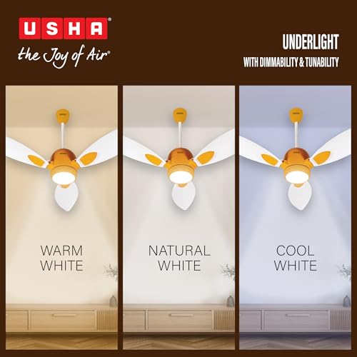 Image of USHA Bloom Sunspire Glow BLDC Ceiling Fan with 3-Mode Underlight |100% Copper Motor |RF Remote |Whisper-Quiet |Dust-Resistant |BEE 5 Star Rated |3Y Motor & 2Y PCB Warranty |White & Saffron Yellow