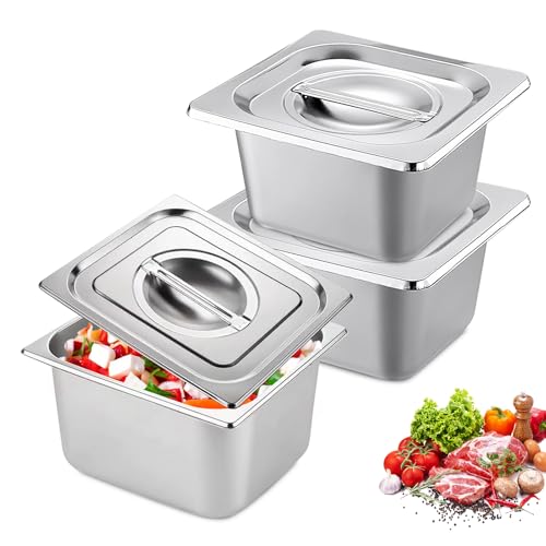 PORFOYO Panierschalen Set, 3 Stück Panier-Set Aus Edelstahl 3-Teilig, Edelstahl Behälter Mit Deckel 17,2X16,2X10cm, Gn 1/6 Behälter, Hotelpfannen, Dampftischpfannen Für Schnitzel Fleisch Fisch