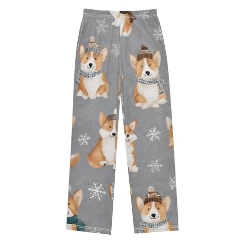 Corgi Dog with Snowflake Boys Long Pants Soft Trousers Elastic Waist Kids Lounge Bottoms with Pockets S-XL