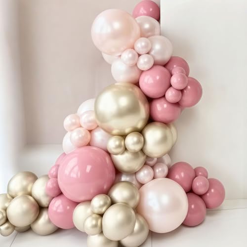 Image of Pearl Pink Gold Balloons, 50pcs Double Stuffed Pearl Pink Beige Balloon Metallic Gold Balloons for Women Girls Boho Birthday Bridal Baby Shower Floral Wedding Mothers Day Party