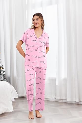 Image of Ekouaer Pajamas for Women Set Button Up Short Sleeve Pjs Sets With Pockets | Soft Womens Sleepwear,V Neck,Notch Collar,2 Piece Classic Loungewear With Long Pant for Sleep,Lounge,Fall